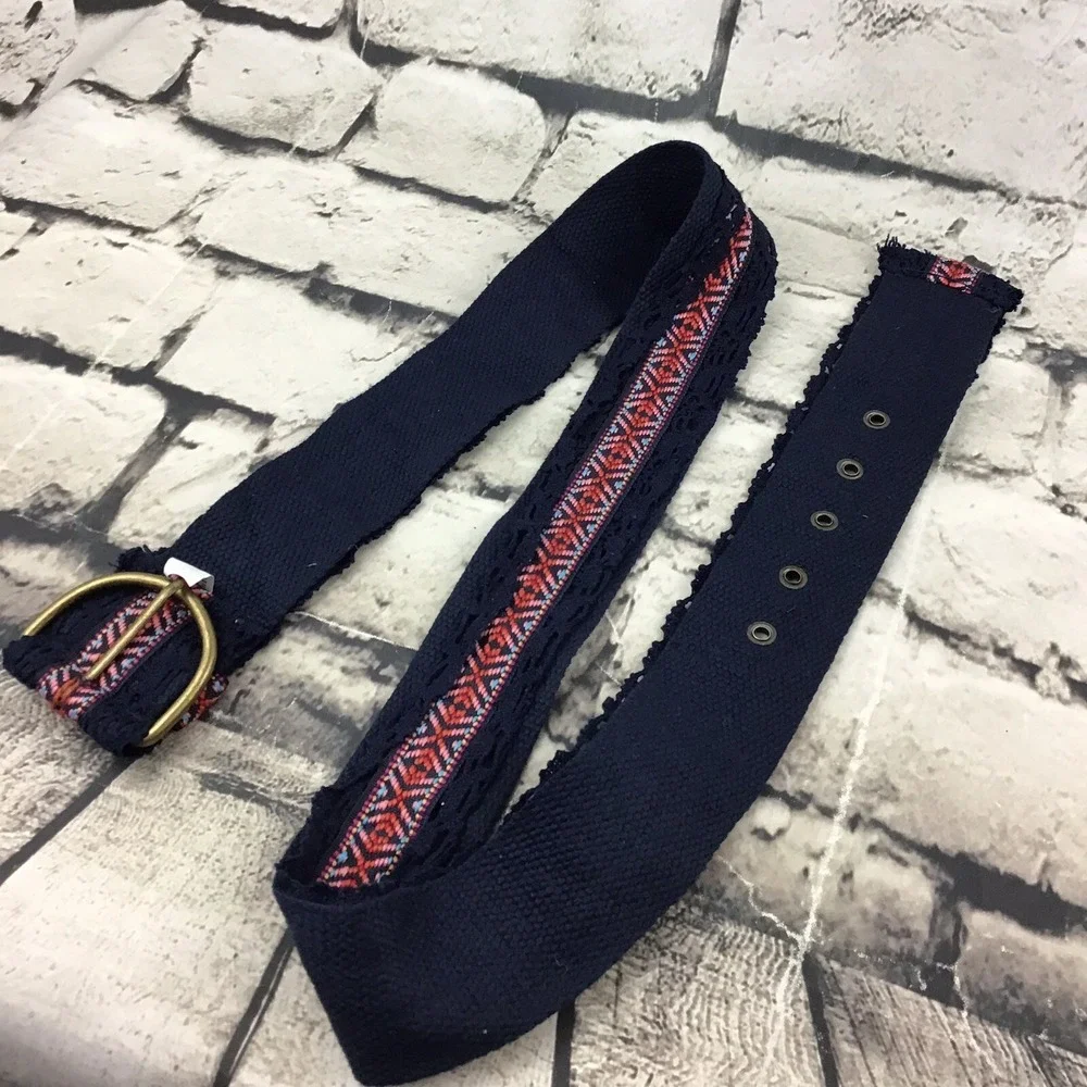 Vtg Sz 15 Fabric Belt‎ Navy Blue Lace Trim Pink Stripe Fits 36-41 Waist Boho